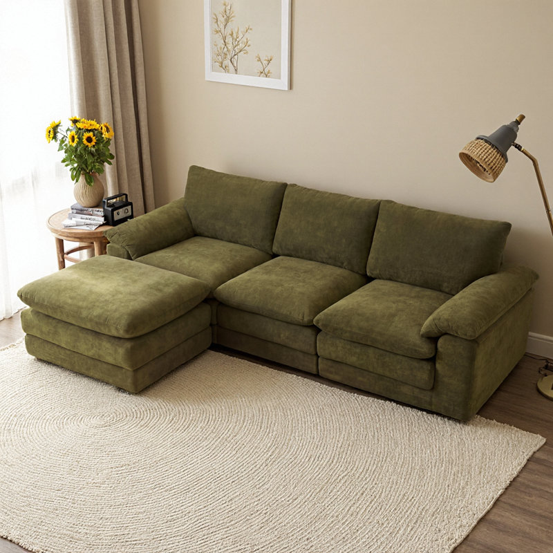 Canapé modulaire en L 100,4 po en forme de L avec repose-pieds mobile - chenille verte, sièges profonds, coussins moelleux, sans assemblage - canapé modulaire confortable pour salon, appartement ou petit espace