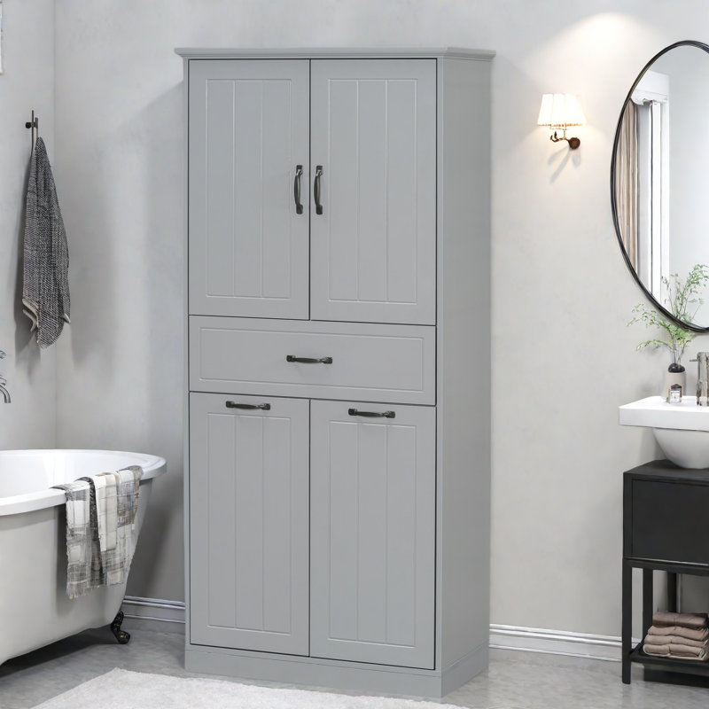 Bathroom Storage Cabinet With Two Laundry Baskets, A Cabinet With 1 Adjustable Shelf And 1 Drawer, Gray