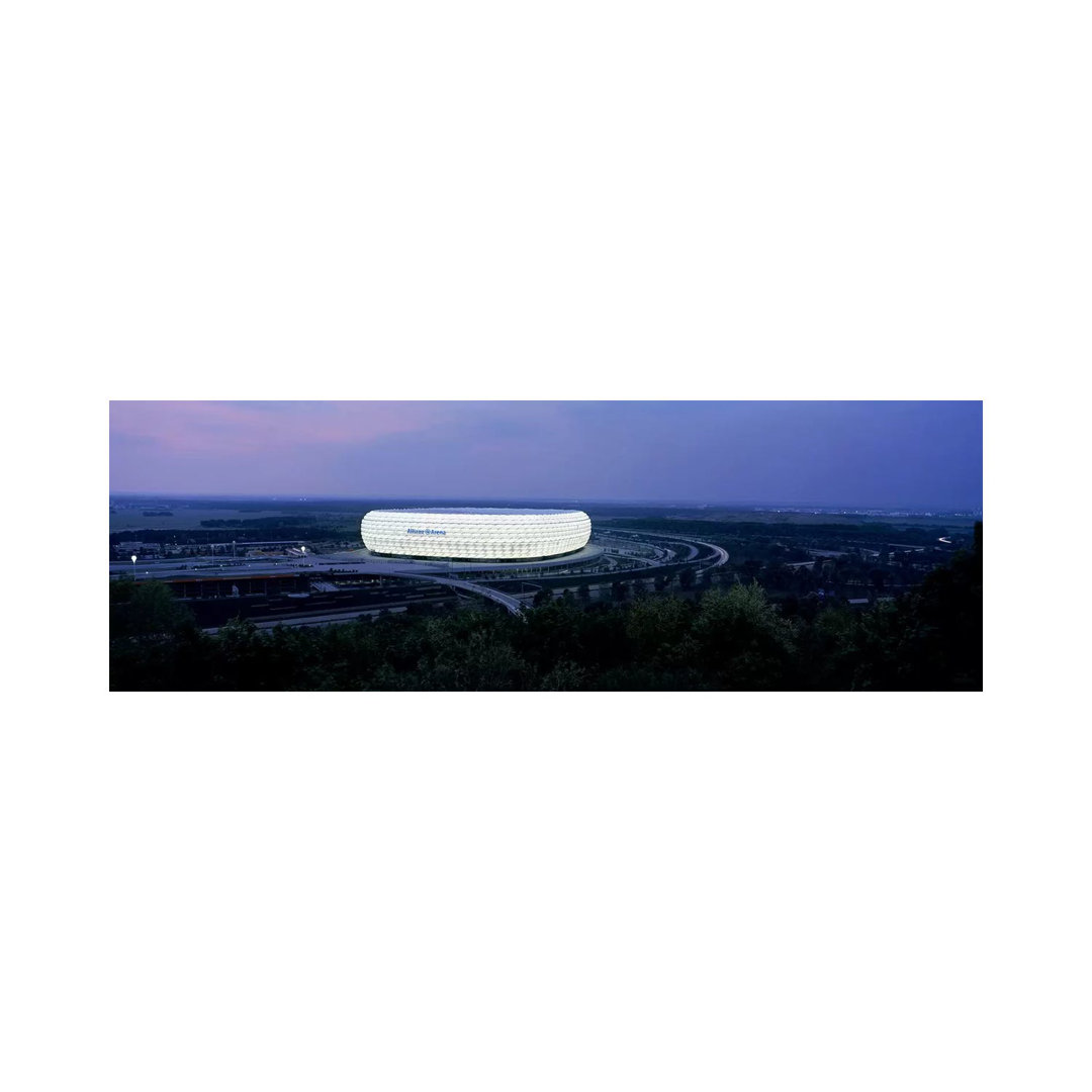 Soccer Stadium Lit Up At Nigh, Allianz Arena, Munich, Bavaria, Germany by Panoramic Images - Wrapped Canvas Panoramic Print