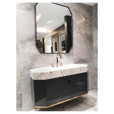 Ensemble de meuble-lavabo mural gris en métal gris doré avec plateau en marbre or rose 48 po