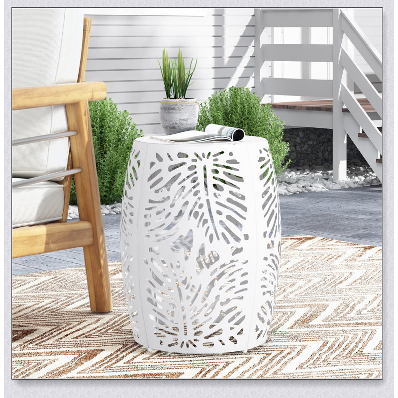 Modern Metal End Table With Tropical Palm Leaf Design, Durable And No-Assembly Required For Any Room, White