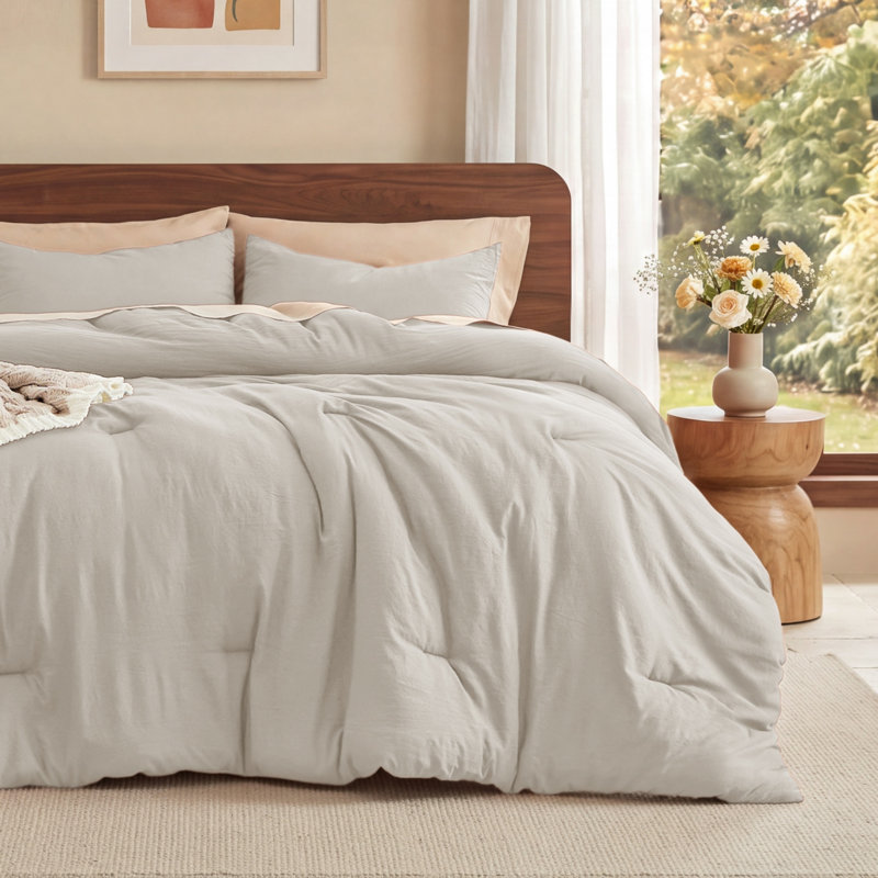 Bedsure Reversible Prewashed Comforter Set, Full Comforter + 2 Standard Pillowcases, Beige
