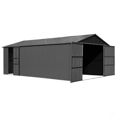 Abri de garage extérieur en métal, très grand abri de voiture en métal avec portes à double charnière verrouillables, abri d'auto robuste pour voiture, camion, moto et équipement de pelouse, gris foncé