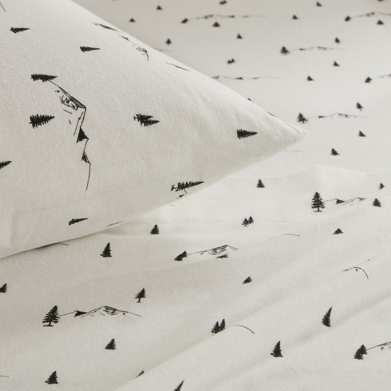 Woolrich 100% Cotton Flannel Sheet Set, Twin Sheet Set with 1 Pillowcase, Black Pine Trees