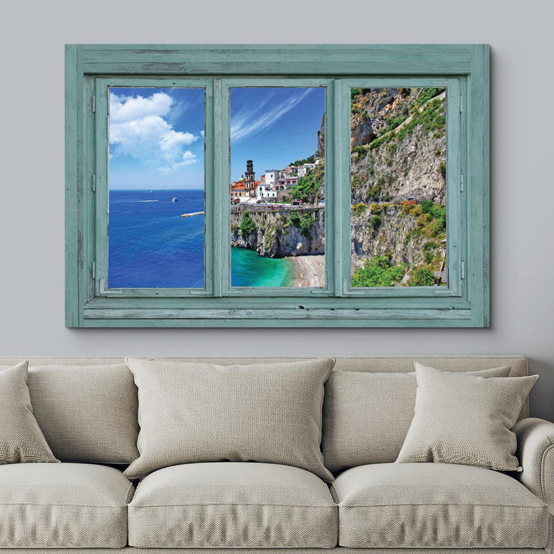 «Window View Italian Cliffside House On The Coast Nature Images Modern Art Rustic Scenic Ultra» sur toile, H 24 po x l 36 po