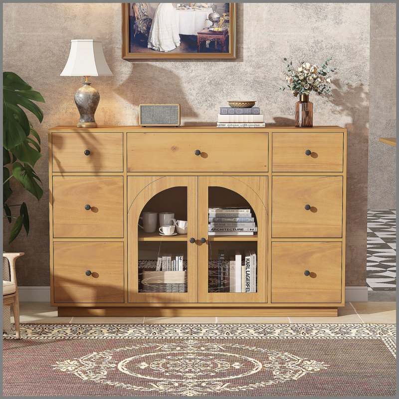 Grande armoire de rangement naturelle avec 2 portes et 7 tiroirs pour le salon et la salle à manger, parfaite pour un décor organisé et élégant.
