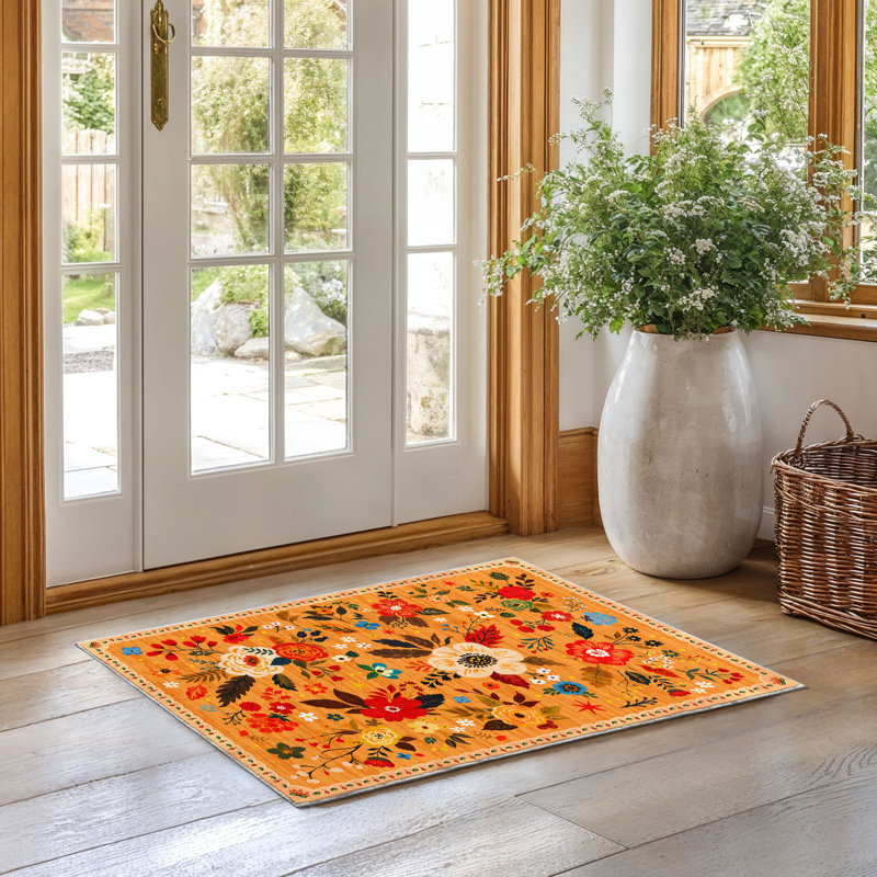Tapis orange antidérapant 2 pi x 3 pi, tapis d'entrée lavable à poils courts Boho Flower