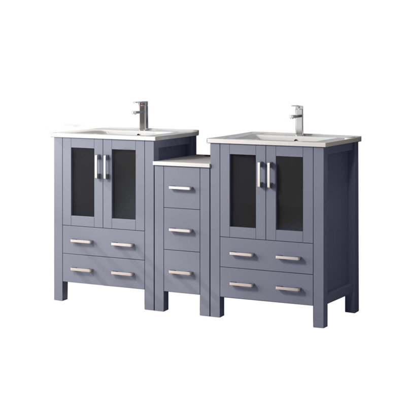 Ensemble de meuble-lavabo double avec armoire latérale, comptoir en céramique et robinet