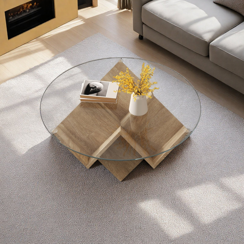 Table basse ronde avec plateau en verre et tablettes de rangement à motif géométrique abstrait Art Deco, Natural