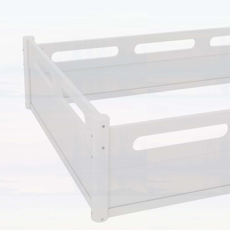 Lit de plancher à profil bas avec garde-corps pleine longueur, aucun sommier nécessaire, Blanc, Lit double