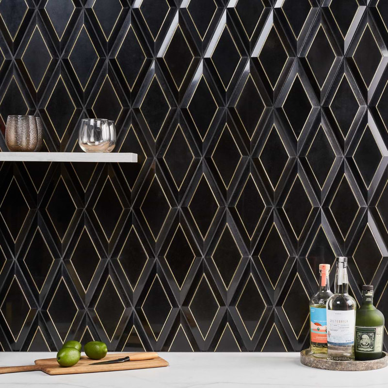 Basque Black Jade Brass Inlay 6X12 Beveled Polished Marble Tile, Black/Brass