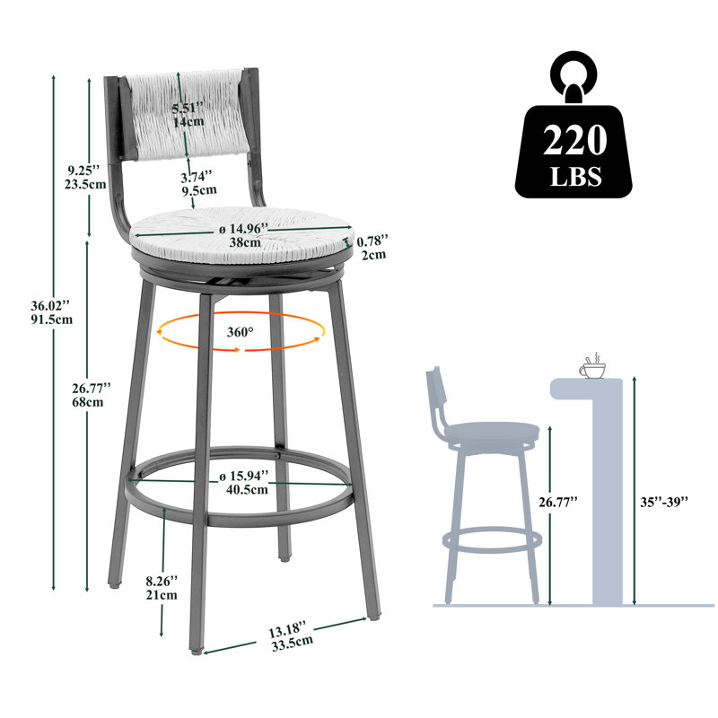 Chaise de comptoir tissée à la main de style 2, pivotante à 360 °, siège miel, structure en métal pour la salle à manger, chaises rustiques de cuisine 2 pièces, structure pivotante, assise en corde de papier