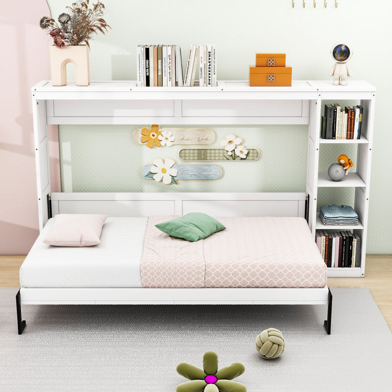 Lit escamotable en bois avec bibliothèque, Double, Blanc