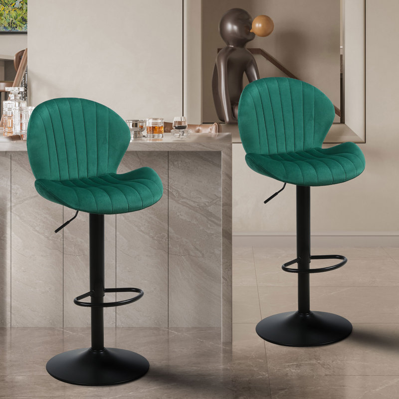 Lucah Swivel Adjustable Height Velvet Bar Stool with Shell Back, 2, Green