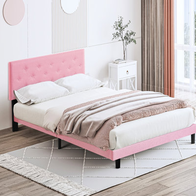 Structure de lit double moderne rose avec tête de lit en lin - aucun sommier requis, installation sans effort, structure robuste recouverte de sommier à boutons, système de support à lattes de bois, assemblage simple, 500