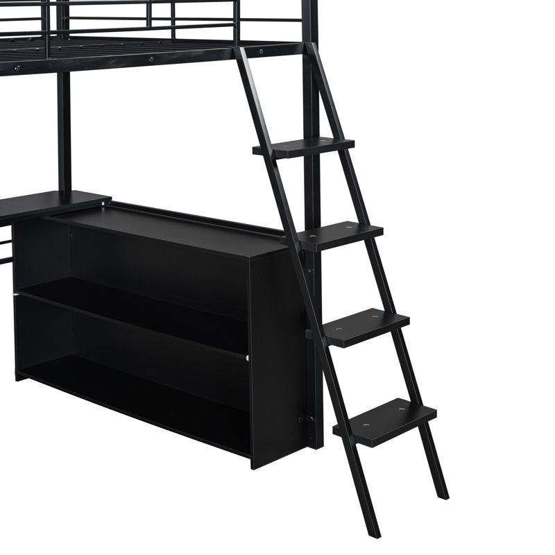 Lit mezzanine double en métal avec DEL, bureau et 4 tablettes de rangement, Double