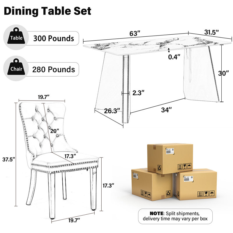 Rectangle Double Pedestal Dining Set with Tufted Dining Chair, 7, Silver, Gray