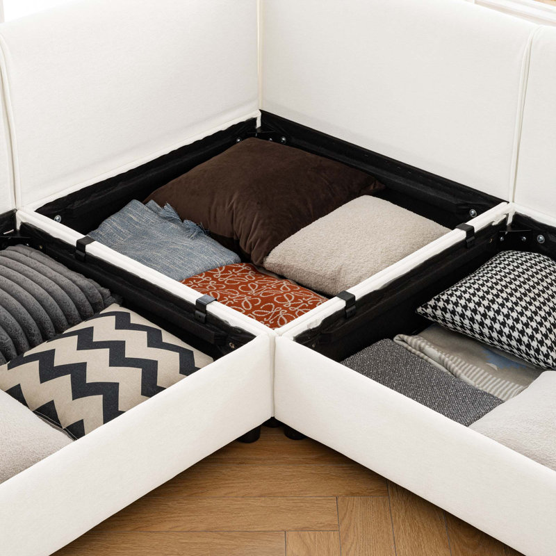 Canapé modulaire moderne en U avec rangement et 2 repose-pieds avec rangement, Chenille blanche