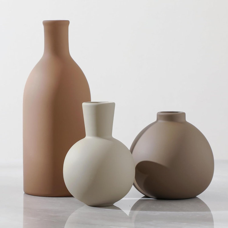 Ceramic Vase Set Of 3, Vases Home Decor Rustic Farmhouse Decor Pottery Vases For Bouquet Pampas Grass Dried Fresh Flowers, Living Room, Kitchen, Bedroom, Bathroom, Entryway Mantel, Decor -Multicolor
