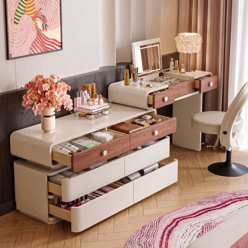 Coiffeuse moderne avec miroir lumineux et station de recharge, table de maquillage réversible en forme de L avec plateau rabattable, bureau 2 en 1 avec tiroirs et armoire de rangement, crème et noyer