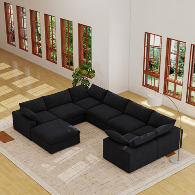 Kenda 8-Piece Upholstered Modern Linen Slipcovered Sectional Sofa With Storage Ottoman
