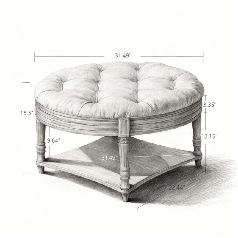 Large Round WaterProof Ottoman Coffee Table, Light Gray Top/Walnut Base