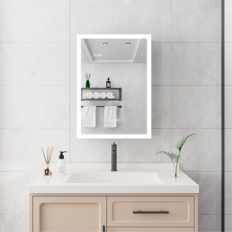 Armoire à pharmacie de salle de bain avec lumières, armoire à pharmacie DEL 28 po x 20 po avec miroir, armoire à pharmacie lumineuse avec désembueur, gradateur, horloge numérique et affichage de la température, montage en surface