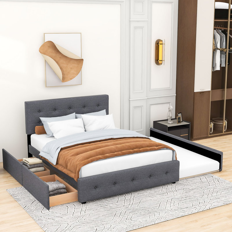 Markeon Queen Size 2 Drawers Upholstered Platform Bed with Twin XL Size Trundle, Dark Grey