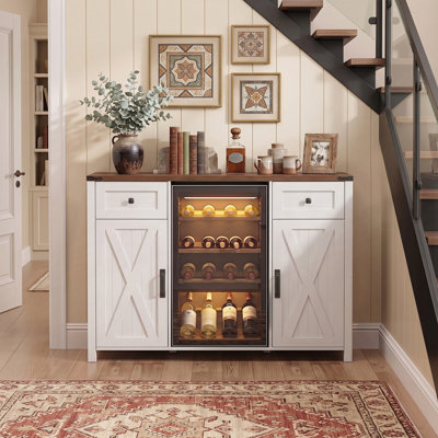 Farmhouse Fridge Cabinet with Power Outlet, Coffee Bar Cabinet with Storage, Mini Fridge Wine Cabinet with 2 Doors and 2 Drawers (Fridge not included)