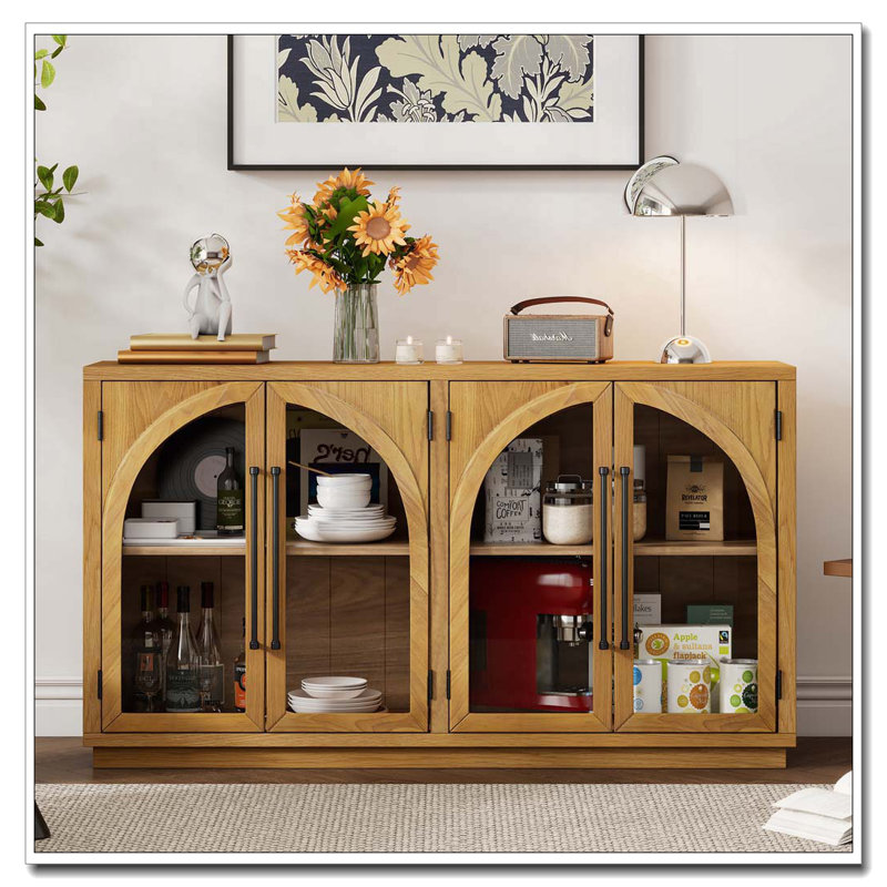 Retro Arched Glass Door Sideboard with Adjustable Shelves