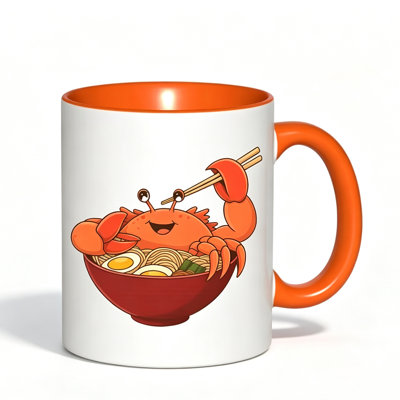 A Single Cartoon Crab And Ramen-Themed Ceramic Coffee Mug, Perfect for Tea, Milk, Or Water.