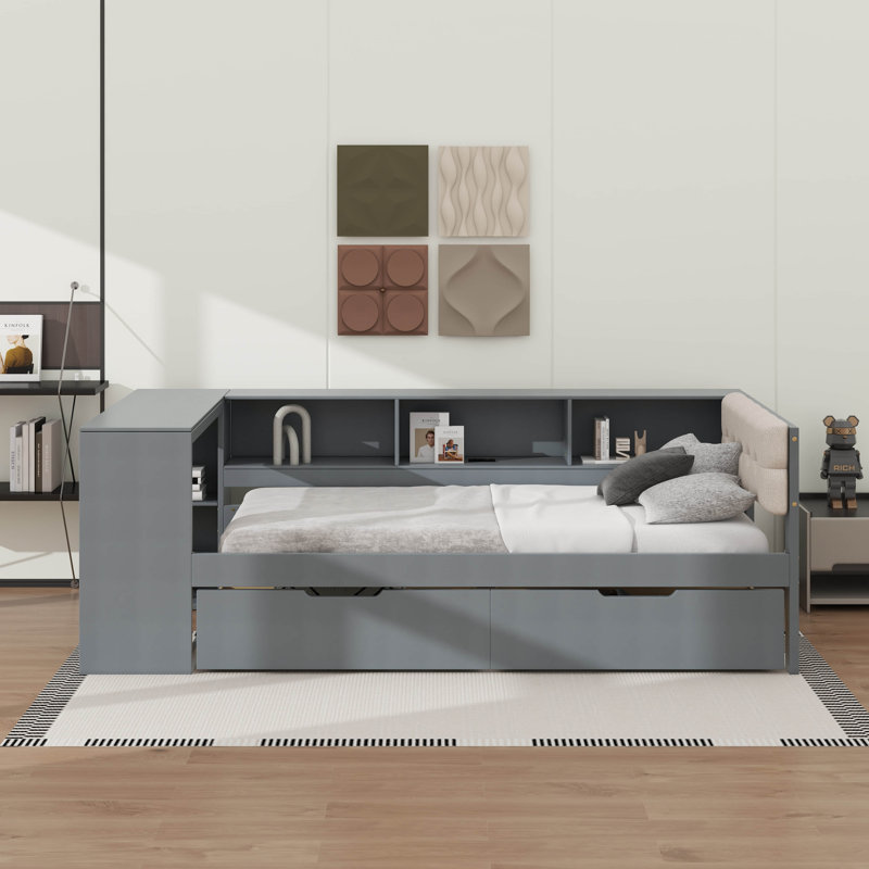 Twin Size Platform Bed With Shelves, Drawers, Charging Station And Upholstered Headboard, Gray, Twin