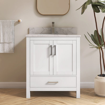 Aura 30'' Fully Assembled Single Bathroom Vanity With Solid Surface White Granite Top Vanity Sets and Backsplash