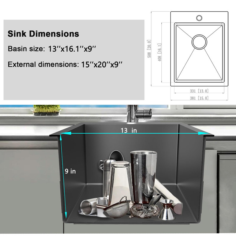 Évier de cuisine en acier inoxydable à cuve simple de calibre 18 L 15 po x l 20 po T304