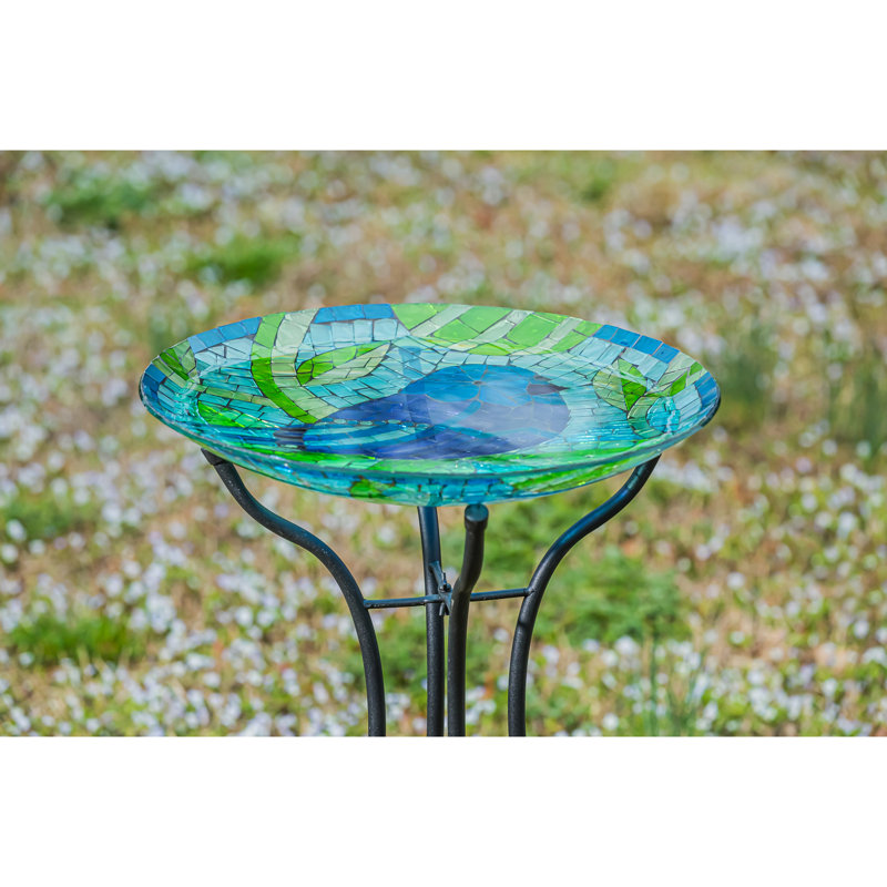 Bain d'oiseaux en mosaïque translucide 18 po, oiseau bleu paisible