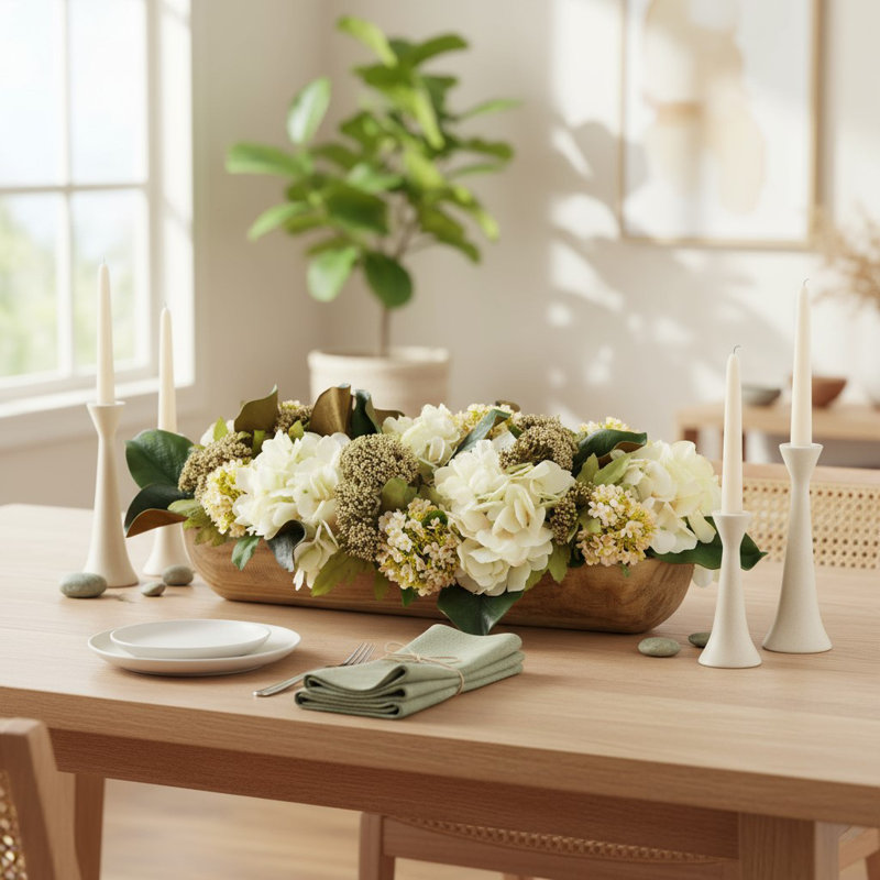 Fall Centerpiece with Hydrangeas and Magnolia Leaves