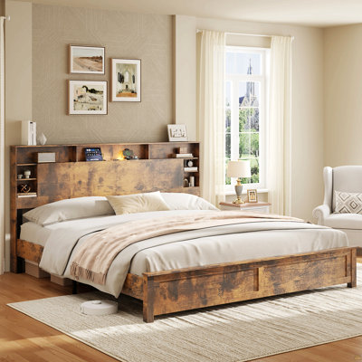 King Size Bed Frame With Storage Headboard, Wood Platform Bed Frame With Charging Station, Led Lights & Bookcase, No Box Spring Needed, Dark Brown