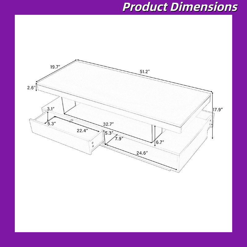 Table basse à DEL avec 2 tiroirs de rangement et tablettes de présentation avec panneau de particules à revêtement UV et centre de table en verre