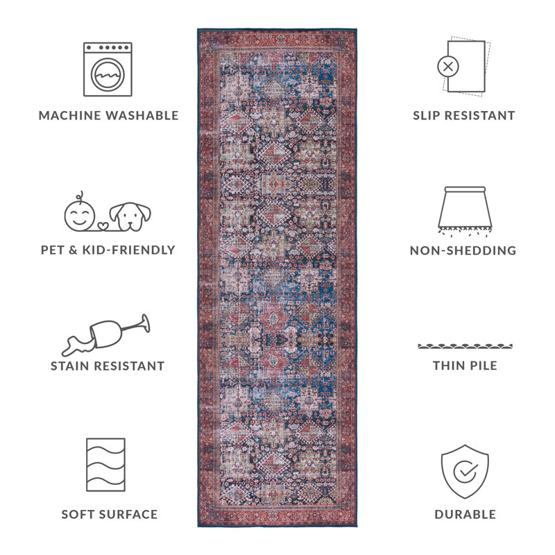 Navy and Rust Machine Washable Oriental Runner Rug