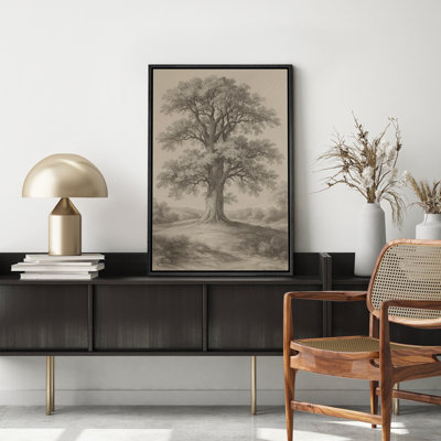 Vintage Sepia Oak Tree Landscape Art - Pictures Framed Canvas Print Wall Art