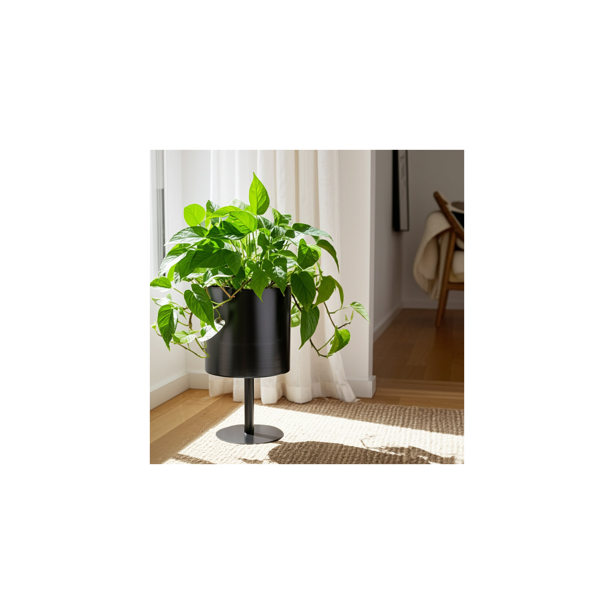 Wanderer Metal Planter on Base - Contemporary Round Iron Planter on Flat Round Base in Classic White - Indoor or Outdoor Decor