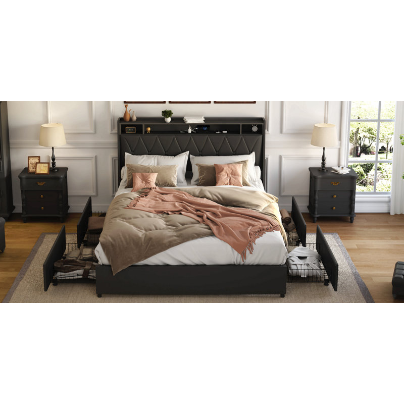 Cadre de lit avec tête de lit ergonomique, cadre de lit plateforme double avec prises et chargeur, cadre de lit double avec tablette de rangement, cadre de lit double, silencieux, pas de sommier tapissier nécessaire