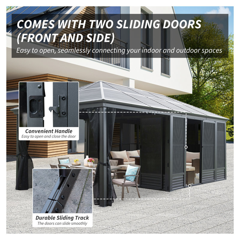 11x21FT Outdoor Sunroom Gazebo with Hardtop Galvanized Steel Roof, All-Season Solarium with Lockable Sliding Doors & Privacy Curtains for Patio