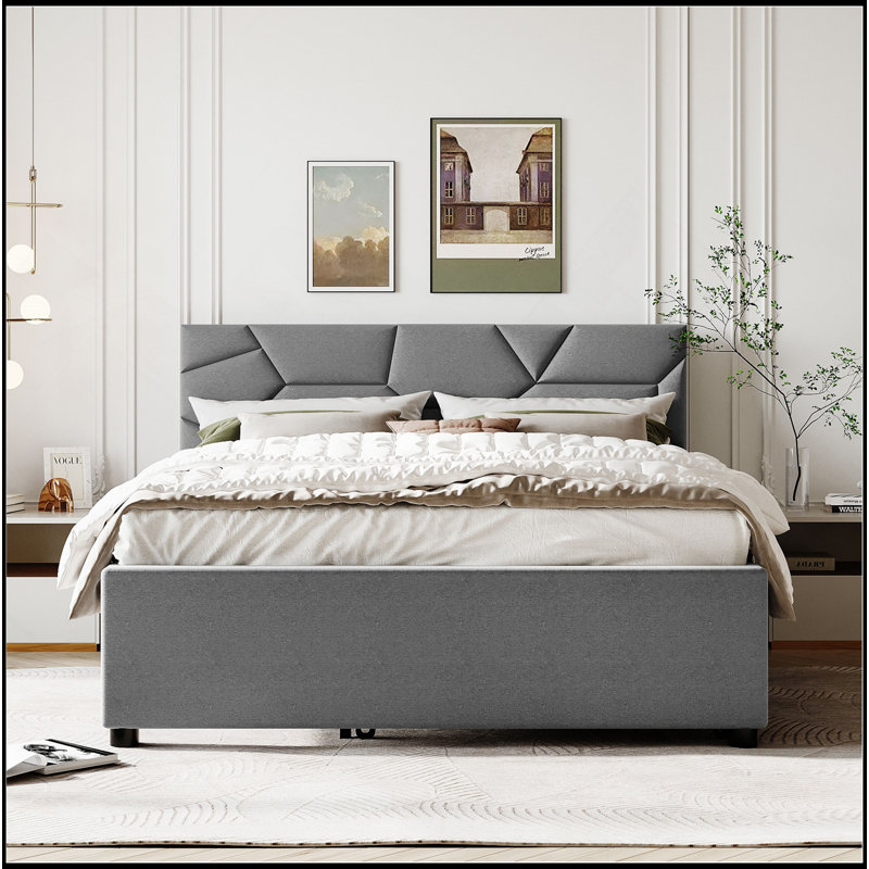 Lit plateforme tapissier avec tête de lit à motif brique et gigogne simple TG, tissu en lin, gris