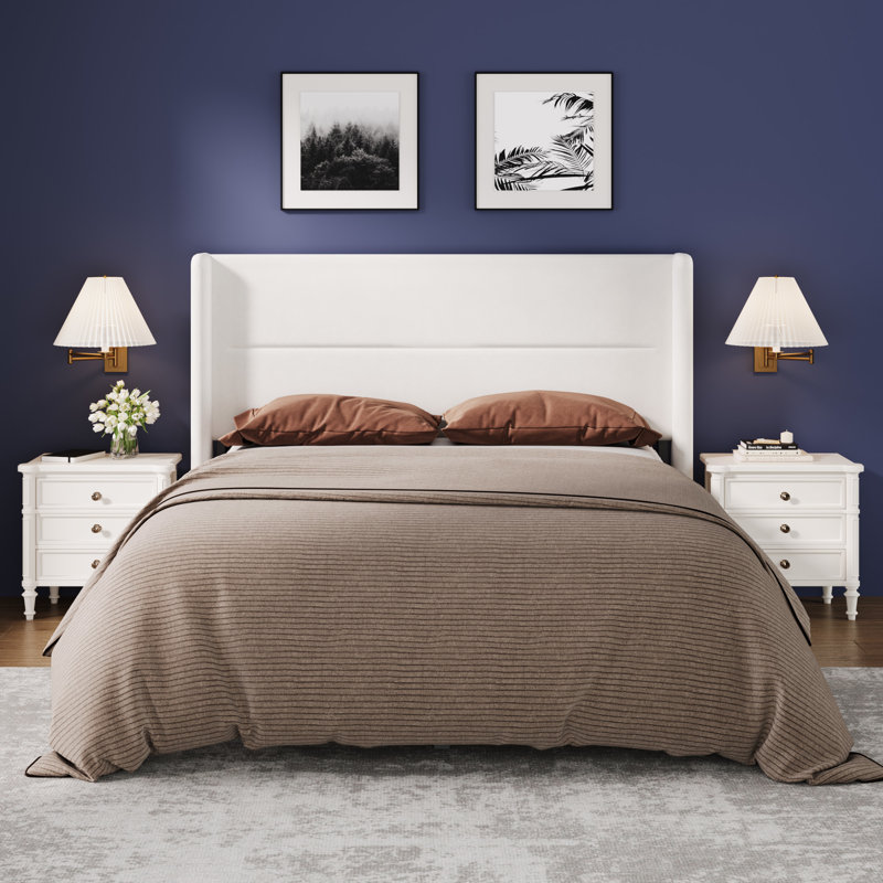Structure de lit grand format en velours avec tête de lit à oreilles, cadre de lit tapissier avec lattes de bois, aucun sommier requis, assemblage facile, blanc