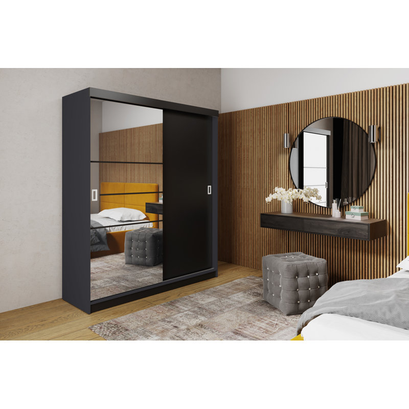 Bouzov 2 Door Solid + Manufactured Wood Wardrobe, Grey/Black