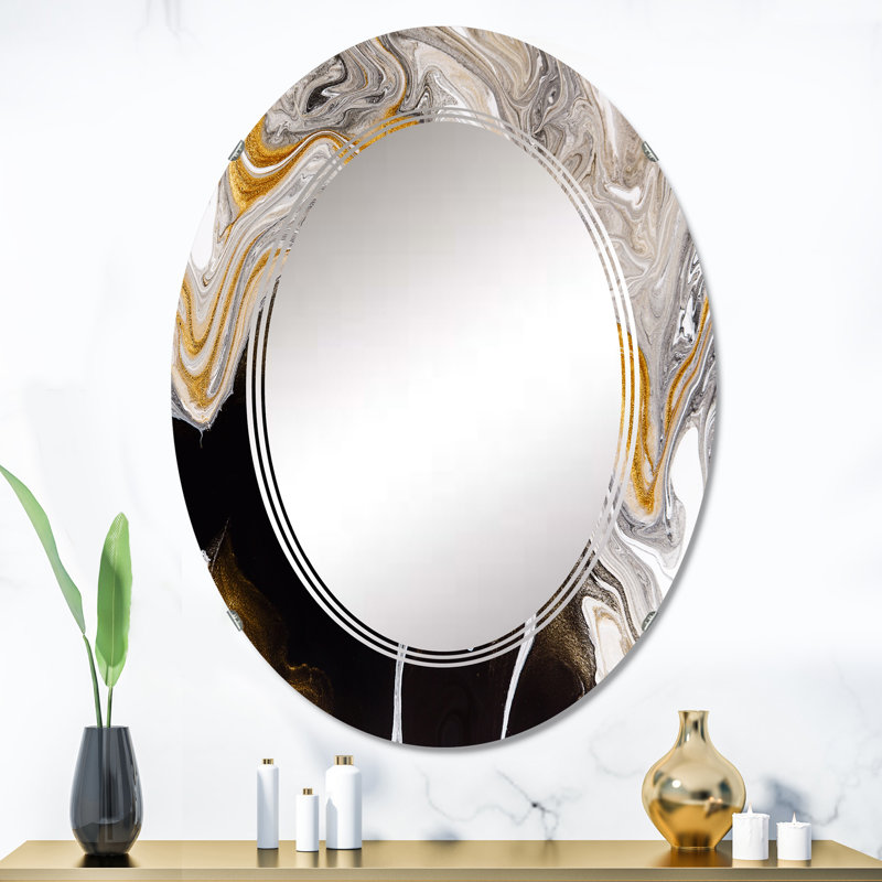 Miroir mural moderne ovale noir et blanc liquide en marbre IV, 36 po x 24 po