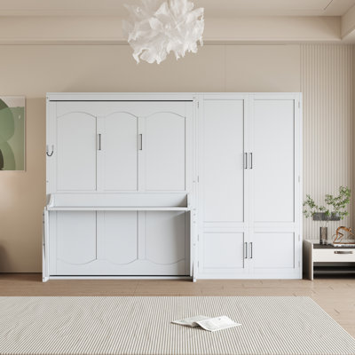 Queen Size Murphy Bed Wall Bed With Closet,White