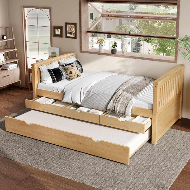Lit plateforme simple avec tiroirs et lit gigogne, lit de jour en bois massif, sans sommier, Naturel