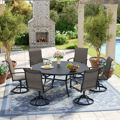 6 Peroson Round Patio Dining Set With 360° Swivel PVC-coated polyester Chairs